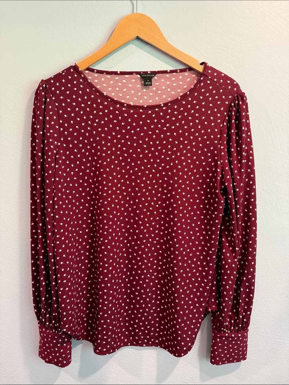 Ann Taylor Burgundy Blouse with White Spade Print